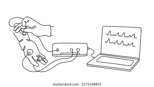 The doctor uses a myograph to measure muscle activity and nerve conduction of the patient. The neurologist performs electromyography and records the data on a computer.