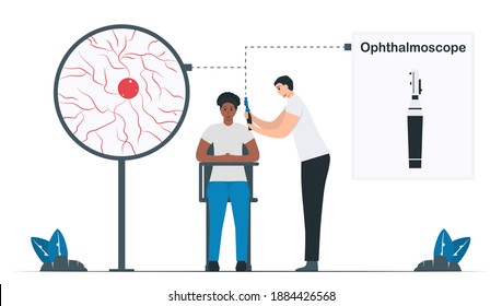 Doctor Uses Ophthalmoscope To See Inside Fundus Of Eyes. Infographic For National Glaucoma Awareness Month. Illustrated Vector Isolates On White Background.