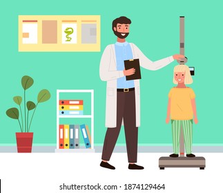 Doctor uses a stadiometer to determine the height of the child. Patient on consultation in the therapist's office. Male character communicating with little girl during diagnosis in medical institution