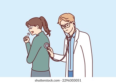 Doctor uses stethoscope examining coughing patient and auscultating woman suffering from flu or pandemic. Hospital doctor examines girl with diseased bronchi or tuberculosis disease