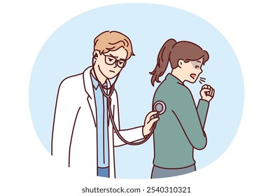 Doctor uses stethoscope examining coughing patient and auscultating woman suffering from flu or pandemic. Hospital doctor examines girl with diseased bronchi or tuberculosis disease