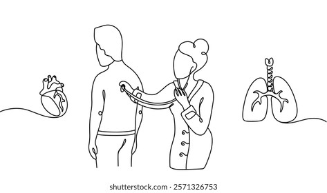 A doctor uses a stethoscope to listen to the patient's lungs and heart. Diagnosis of wheezing, noise and rhythm of human organs. A routine appointment with a family doctor. Vector illustration.