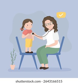 Doctor uses stethoscope and listens to heart rhythm and lungs of child. Funny little girl stands on chair at pediatrician appointment. Medicine, pediatrics. flat vector illustration