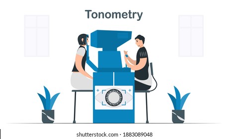 Doctor uses tonometry to determine intraocular and fluid pressure inside eyes. Illustrated vector isolates on white background.