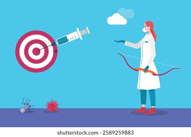 Doctor using bow and arrow to shoot syringe at target, fighting virus and bacteria. Vector illustration
