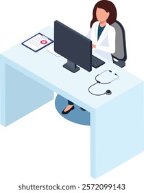 Doctor using computer with medical record, stethoscope, and keyboard at desk in hospital or clinic, healthcare and medical concept isometric illustration