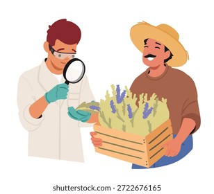 Médico usando lupa para verificar a qualidade de ervas naturais cultivadas na cena do desenho animado da fazenda. Plantas cultivadas em fazendas para produtos homeopáticos testam a pureza, potência e padrões de saúde ilustração vetorial