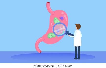 Doctor using magnifying glass to examine stomach for bacteria, viruses, and other pathogens, concept of digestive health and medical care