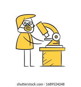 doctor using microscope yellow stick figure design