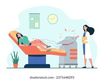 Doctor using scrambler therapy for female patient. Vector illustration. Woman suffering from chronic pain, taking new medical approach to cure. Non-invasive treatment, scrambler therapy concept