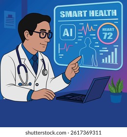 Doctor using smart health AI monitor vector illustration