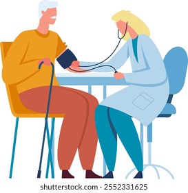 Doctor using sphygmomanometer, checking blood pressure of elderly man sitting with walking cane, during medical examination in hospital or clinic