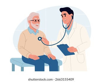 Doctor using a stethoscope to check a patient's heartbeat during a routine exam. Medical checkup concept focused on heart health, diagnosis, and patient care.