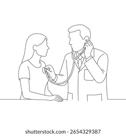 Doctor using a stethoscope to examine a female patient’s chest. Clean and professional medical line art for checkup and diagnostic themes.