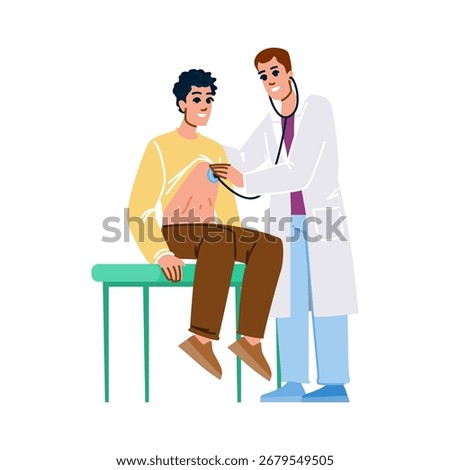 Doctor using stethoscope examining patient sitting on examination table during medical checkup in hospital or clinic, providing healthcare and diagnosing potential illnesses