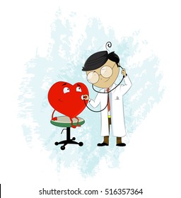 Doctor using stethoscope to hear heart pulse. Medicine and health care cartoon concept illustration. Visiting doctor. Vector