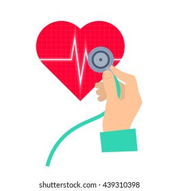 Doctor using a stethoscope hears a heart pulse. Medicine and health care flat concept illustration. Hand, stethoscope and heart with pulse. Vector element for medical and healthy infographic.
