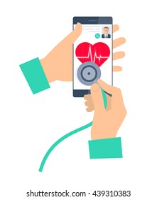 Doctor using a stethoscope on a phone. Telemedicine and telehealth flat vector concept illustration. Hand, stethoscope, smartphone, heart with pulse. For tele and remote medicine, health infographic.