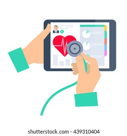 Doctor Using A Stethoscope On A Tablet Computer. Telemedicine And Telehealth Flat Vector Concept Illustration. Hand, Stethoscope, Tablet, Heart. For Tele And Remote Medicine And Health Infographic.