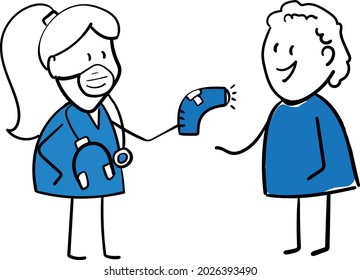 Doctor using thermometer to scan patient health -coronavirus and covid-19.Hand drawn doodle line art cartoon character.Health care and medicine.isolated vector illustration
