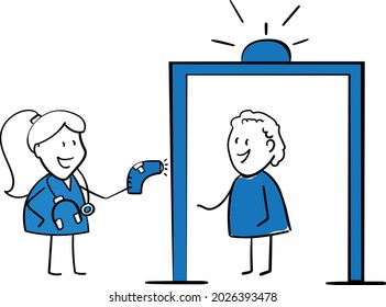 Doctor using thermometer to scan people at gate check point coronavirus and covid-19.Hand drawn doodle line art cartoon character.Health care and medicine.isolated vector illustration
