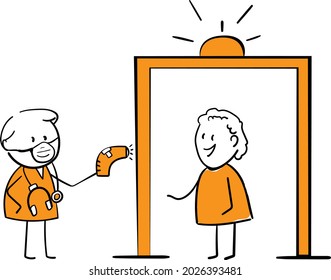 Doctor using thermometer to scan people at gate check point coronavirus and covid-19.Hand drawn doodle line art cartoon character.Health care and medicine.isolated vector illustration
