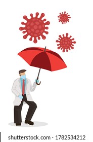 Doctor using umbrella to shield against coronavirus. Protection or quarantine or risk prevention from virus outbreak concept. Vector illustration.