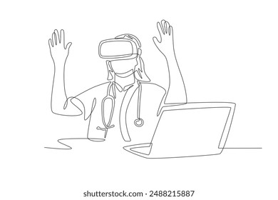 Doctor using vr while working. Medical technology concept one-line drawing