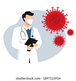 Doctor v habla de las medidas para prevenir el coronavirus CoV-19. Conciencia, el concepto de salud y medicina. La lucha contra el virus, precauciones. Telemedicina. Ilustraciones vectoriales planas.