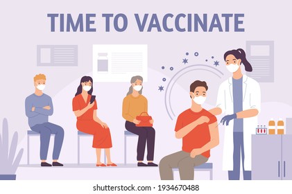 Doctor vaccinate people. Patient gets vaccine shot in hospital. Medicine for immunization. Covid-19, flu or virus prevention vector concept