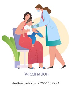 Doctor vaccinates baby. Vaccination against coronavirus, taking care of children health. Mom is worried about her son, injection. Cartoon flat vector illustration isolated on white background