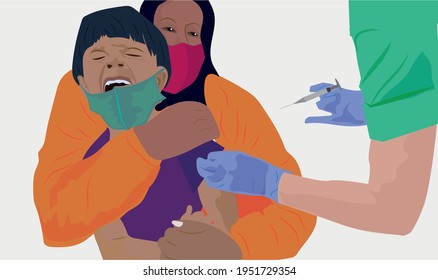 The doctor vaccinates the child. The boy is crying during vaccination. Shot in the shoulder. Vaccination against the flu and Covid-19 Illustration vector