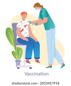 Doctor vaccinates kid. Teenager came to clinic for vaccination, coronavirus.