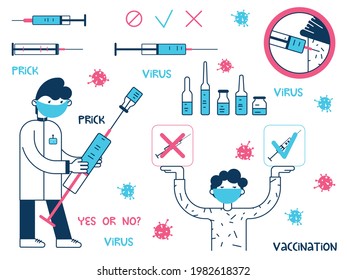 Doctor vaccinates a man. Global vaccination concept against coronavirus, flu, other viruses, infections or diseases. Syringe with medicine flat vector illustration. Yes or no
