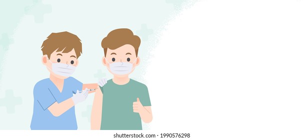 A doctor is vaccinating a man to be immune to various diseases or COVID-19. blank banner illustration vector. Health Care Concept.