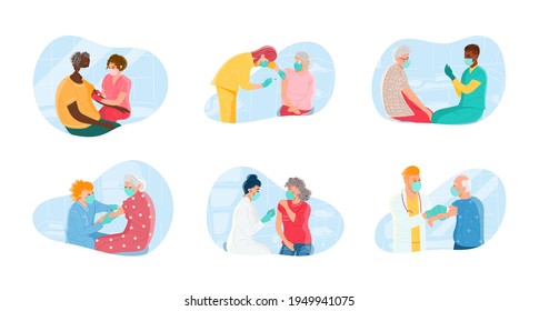 Doctor vaccinating patient in medical office or laboratory. Set of elder people of different race, gender receiving vaccine. Modern flat vector concept digital illustration. Сovid-19 mass vaccination 