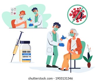 The doctor is vaccinating the people against the covid virus. Prevention of COVID 19 concept.