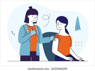 Doctor vaccinating woman. Medical professional gives injection to young girl in shoulder. Healthcare and medicine, prevention of viral diseases and infections. Linear vector illustration