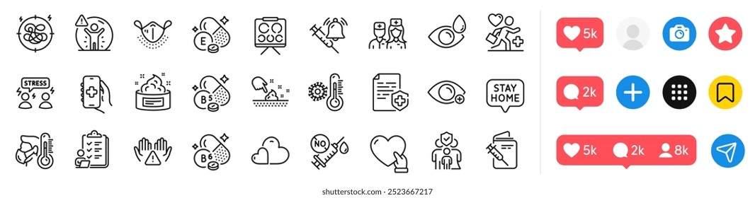 Doctor, Vaccine announcement and Patient line icons pack. Social media icons. Stay home, Care, Checklist web icon. Stress, Volunteer, Vitamin b6 pictogram. Vector