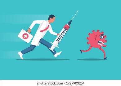 Doctor with a vaccine covid-19 runs after a coronavirus bacterium. Vaccination concept. Vector illustration flat design. Injection in syringe. Ambulance with first aid kit and flu vaccine.