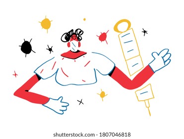 Doctor with Vaccine solution, Synringe and covid-19 Virus Arround him. Minimalist concept with Bright Primary Colors. Hand drawn vector art for print. Contenporary art. isolated on white.