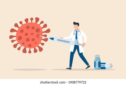 Doctor with Vaccine syringe killing COVID-19 virus, syringe immunization injection for prevention and treatment of coronavirus infection. Result of Coronavirus vaccination research. Vector illustratio