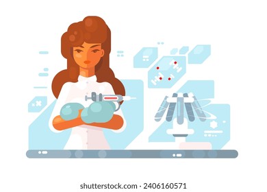 Doctor with Vaccine, vector illustration. Depicts a medical professional in gloves holding a syringe, ready for vaccination in a modern setting.