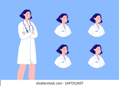 Doctor in various emotions. Character design set. Vector illustration in a flat cartoon style.