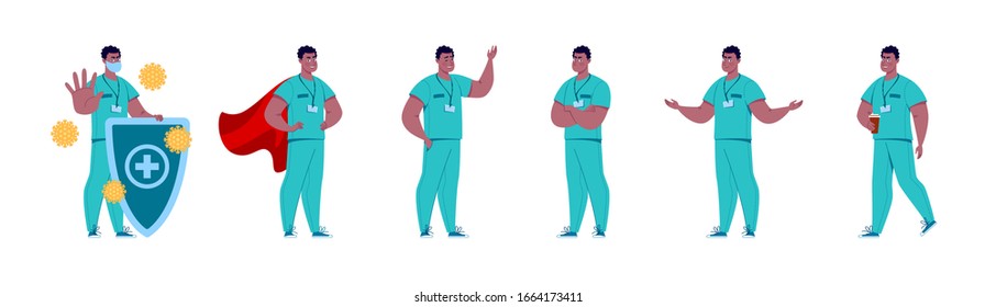 Doctor in various poses. Character design set. Vector illustration in a flat cartoon style.