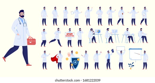 Doctor in various poses. Character design set. Vector illustration in a flat cartoon style.
