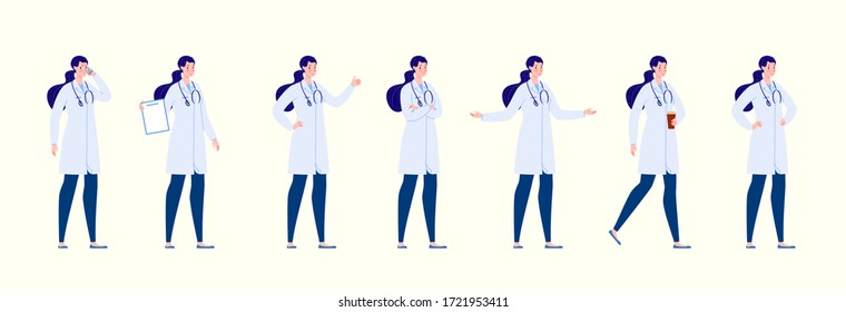 Doctor in various poses. Character design set. Vector illustration in a flat cartoon style.