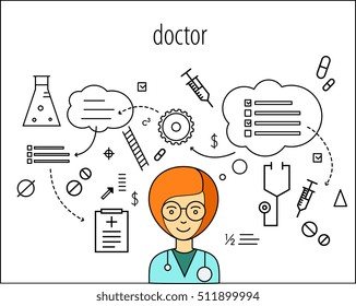 Doctor vector character. Board of thoughts. Instruments. Plans. Strategy background. study, science, doctor, health professional, hospital, hospital, medicine, doctor, physician chief.