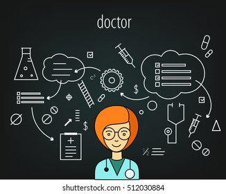Doctor vector character. Board of thoughts. Instruments. Plans. Strategy black background. study, science, doctor, health professional, hospital, hospital, medicine, doctor, physician chief, research.