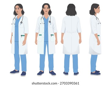 Vektorzeichensatz für Ärzte mit vollständiger Vorder-, Seiten- und Rückansicht für Animationen, Gesundheitserziehung, medizinische Apps, digitale Inhalte und Marketingdesigns.